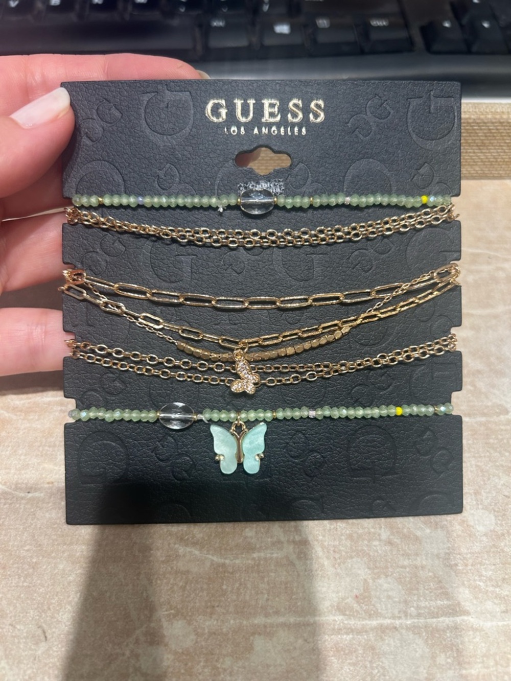 Guess Gold & Mint Butterfly Layered Bracelet Set - Picture 3 of 5